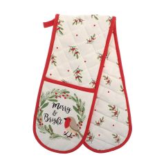 Merry and Bright Festive Robin Design Double Oven Glove with Christmas motif