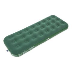 Milestone Camping Single Flocked Inflatable Airbed in green with soft tufted sleeping surface, vinyl construction and built-in inflation valve.