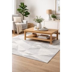 Cozy living room with a light gray armchair, wooden coffee table, abstract gray rug, and green plants. Neutral tones create a calm, inviting atmosphere.