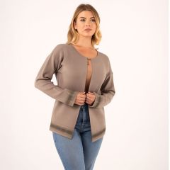 Model wearing Women’s mocha dress cardigan with single top enclosure and shimmering striped cuffs and hemline 