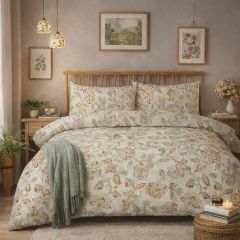Cozy bedroom with floral bedding, wooden headboard, framed botanical art, pendant lights, and a green throw blanket.