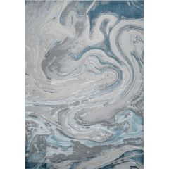 Full view of a modern abstract area rug with blue, grey, and white swirling marble-like patterns
