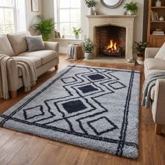 Modern grey and black geometric rug in a contemporary living room
