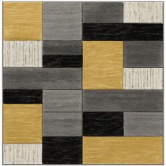Modern yellow, grey, black, and white geometric rug laid flat on a plain white background, showcasing its full rectangular design and detailed pattern – Guineys Ireland