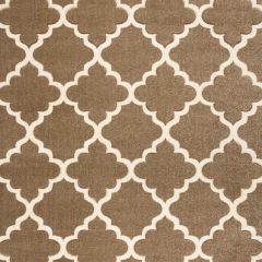 Close-up view of taupe and cream Moroccan trellis rug showing soft texture and geometric pattern detail.