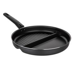 A black, divided frying pan with a non-stick surface is shown. The pan features a long handle, a grill section, and a smooth cooking area.