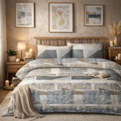 Cozy bedroom with a wooden bed, geometric-patterned bedding, warm lighting, candles, and abstract art on the walls.