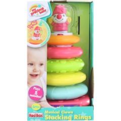 Musical clown stacking rings baby toy with colourful stacking rings, spinning clown topper, lights and melodies, suitable for babies aged 6 months and over.