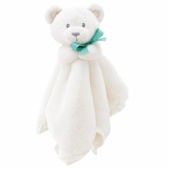 White teddy bear baby comforter security blanket with ultra-soft plush fabric and mint green ribbon on a white background.