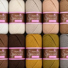 Close-up grid of colorful Stylecraft Special double-knit yarn skeins in cream, beige, peach, brown, mustard, olive, and gray, neatly arranged.