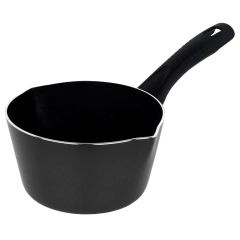 Black non-stick saucepan with long black handle and pouring lip, lightweight cookware for everyday use