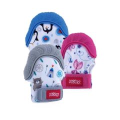 Nuby teething mitts with soft silicone scrub tops in blue, pink and grey designs