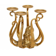 Luxury gold octopus candelabra with four curved arms, elegant nautical décor piece in polished brass finish