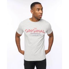 Model wearing Offaxis Men's Cotton Grey T-Shirt by Crosshatch
