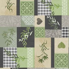 Olive green patchwork oilcloth pattern with leaves, hearts, tiles and gingham squares