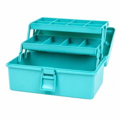 Open turquoise multi-compartment cantilever storage box with tiered organiser trays and large base compartment on a white background.
