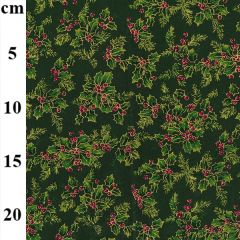 Christmas Holly Berries Printed Green Cotton Fabric - Price by the Metre