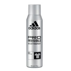 Silver spray can of Adidas Pro Invisible 48H Anti-Perspirant, 150 mL. Features logo, text, and a shirt icon for mark and odor protection.