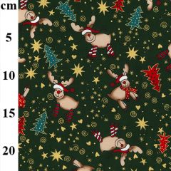 Rose & Hubble Christmas Reindeer Prints Green 100% Cotton Fabric - Price by the Metre