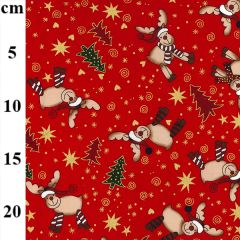 Festive red fabric with reindeer, stars, and trees, featuring a vertical centimeter scale on the left side.