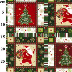 Festive fabric pattern featuring Santa with a sack, Christmas trees, snowflakes, and stars in red, green, and gold.