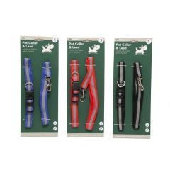 Three pet collar and lead sets are displayed on green packaging. The sets are in blue, red, and black, each featuring a metal clip and buckle.