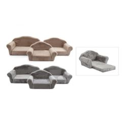 Three plush pet's sofas in brown and gray, with one shown as a fold-out bed.