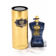 Blue For Men Gold Edition Eau de Parfum bottle and gold packaging on white background