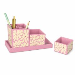 Pink Floral Desk Organizer Set featuring a multi-compartment stationery holder, storage tray and matching accessory box in a decorative floral design on a white background.