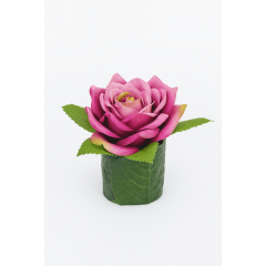 Artificial pink rose in a green leaf-wrapped pot, realistic petals and vibrant colors, ideal for home or event décor.