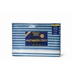 Packaged sheet set labeled "Portsmouth Stripe" with blue and white horizontal stripes, indicating premium quality. Designed for a single bed.