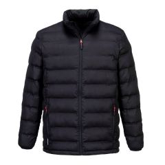 Black insulated padded jacket with full zip front and high collar, shown on a white background.