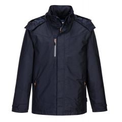 Navy waterproof jacket with a high collar, concealed front zip, pack-away hood, and multiple zip pockets on a white background.