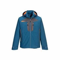 Portwest metro blue waterproof shell jacket with hood, front view featuring contrast panels and zip pockets