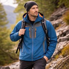 Man hiking outdoors wearing a metro blue waterproof shell jacket with hood and orange zip details