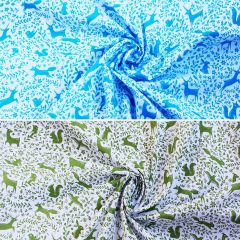Prancing Forest Animals polycotton fabric in Blue and Green