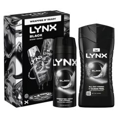 Lynx Black gift set featuring a deodorant spray and a 3-in-1 body wash. The packaging and products are sleek black with bold white text