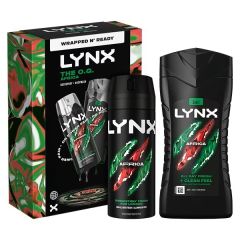 Packaging of Lynx Africa gift set featuring a vibrant black, red, green, and white swirl design. Includes deodorant and bodywash bottles.