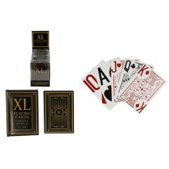 Deck of XL playing cards in black and gold packaging. An array of cards fanned out including a 10, ace, jack, queen, and king, evoke a classic, elegant feel.