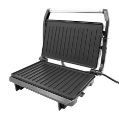 Quest 750W electric panini press and health grill in silver and black with non-stick ribbed cooking plates and cool-touch handle