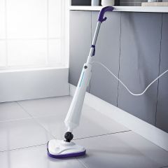 Quest 1300W electric steam mop in white and purple with triangular swivel head, washable microfibre pad and carpet glider