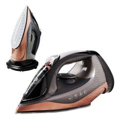 2400W cordless steam iron with ceramic soleplate, 360 degree charging base and rose gold and black finish