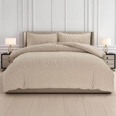 Quilted knit beige duvet cover set by Velosso with textured pattern