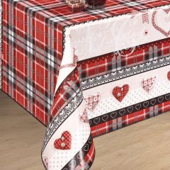 Red tartan heart oilcloth tablecloth with checked pattern and decorative heart details