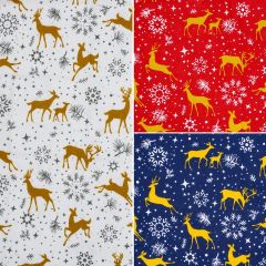 Prancing Reindeers Christmas fabric in White, Navy and Red