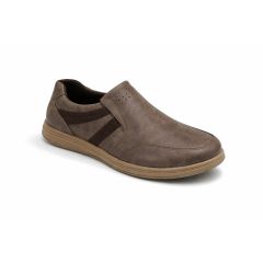 Brown slip-on shoe with a faux leather texture, elastic side straps, and perforations near the instep, set against a white background. Casual and comfortable design.