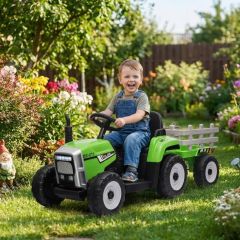 Green ride-on toy tractor with trailer for kids