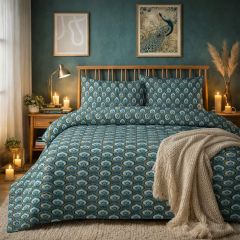 Cozy bedroom with patterned bedspread, warm lighting from candles, wooden accents, and peacock and abstract artwork on green walls.