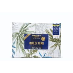 Packaging for "Ripley Fern" sheet set, showing a botanical fern pattern in green and blue. Includes details on size, quality, and pricing.
