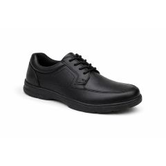 Black leather shoe with black sole, featuring detailed stitching and a lace-up design. The shoe exudes a classic, sophisticated style.